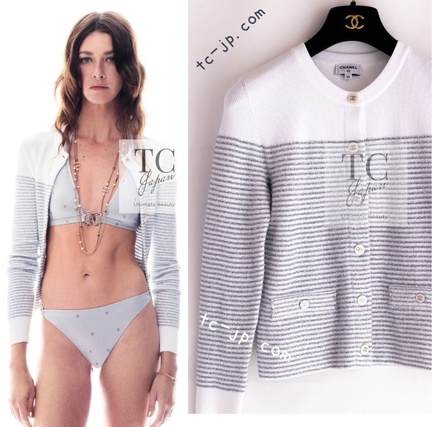 シャネル カーディガン CHANEL 48万 COCO Beach 2024 ホワイト シルバー ココ マーク ボタン ニット 新品同様 34
