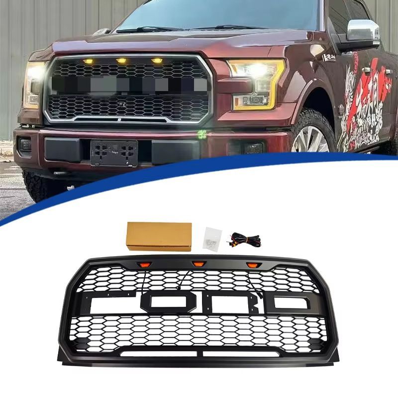 フォード F-150 2015-2017年対応 フロントグリル ブラック ABS製 アンバー色ライト付き フロントフェイス 外装アクセントパーツ