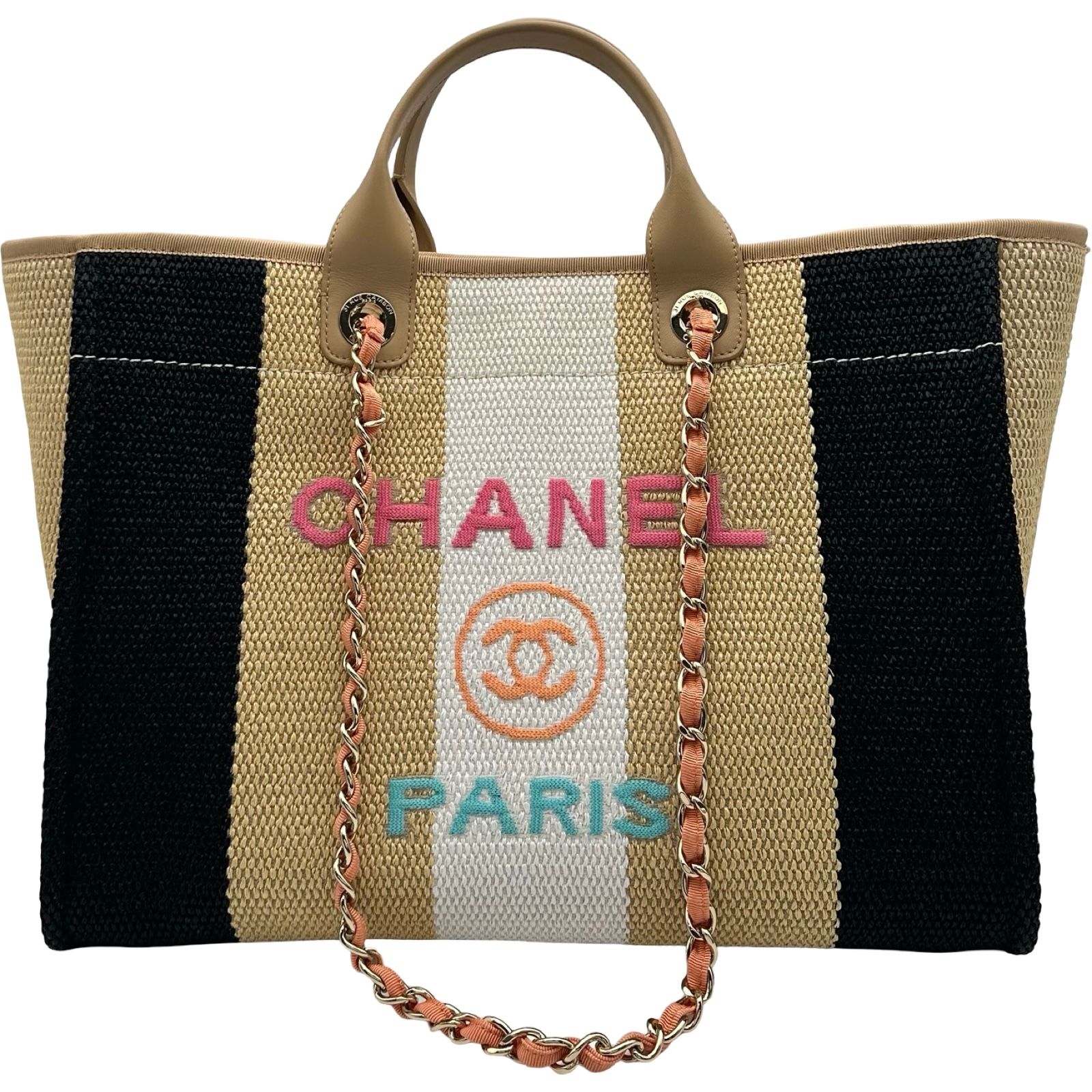 シャネル CHANEL ドーヴィルショッピング ラージ A93786 29番台 ベージュ/ブラック ゴールド金具 ラフィア レディース トートバッグ