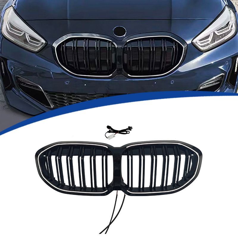 BMW 1シリーズ F40 2020-2024年対応 フロントグリル 2ラインLED付き ブラック ABS製 交換取付式 外装アクセントパーツ