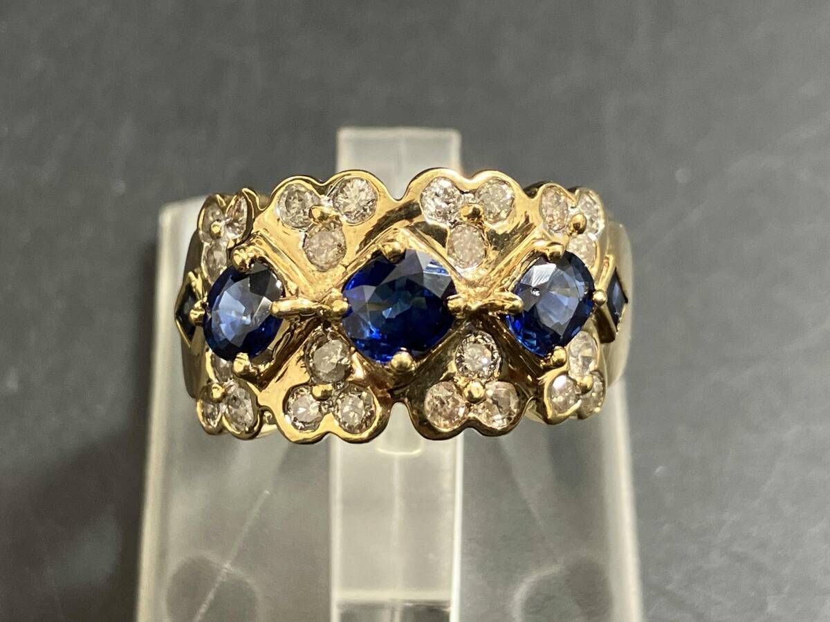 【鑑別書付き】K18 約11号 天然ダイヤモンド0.63ct 天然ブルーサファイア1.35ct 約7.0g リング