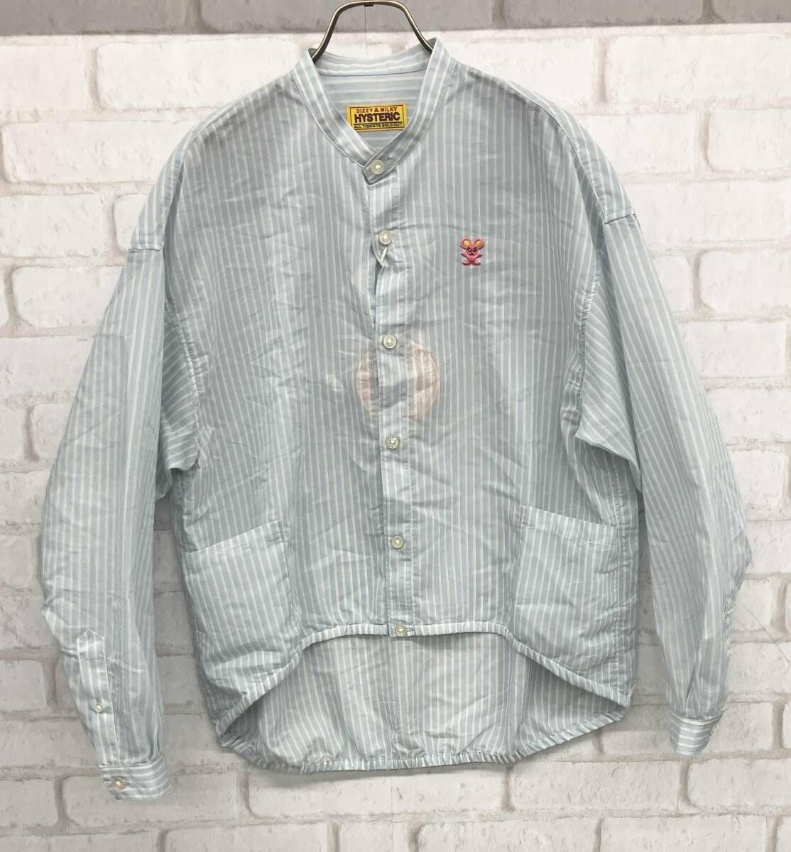 HYSTERIC GLAMOUR 長袖シャツ ヒステリックグラマー ストライプ シアー バンドカラー ネズミ 刺繍 ライトブルー