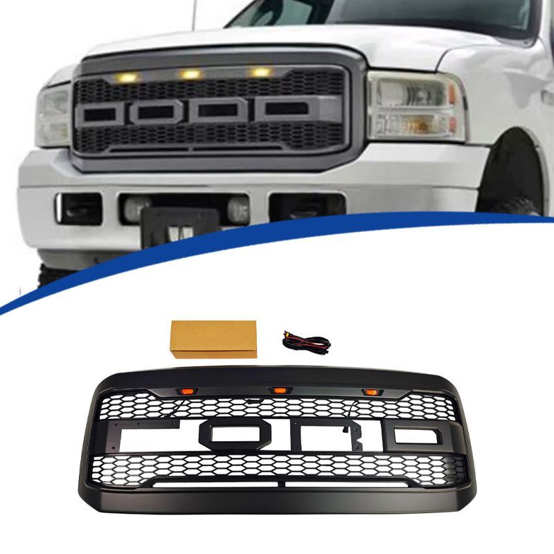 フォード F-250 2005-2007年対応 フロントグリル ブラック ABS製 3連小型イエローライト付き 交換取付式 フロントフェイス 外装アクセントパーツ