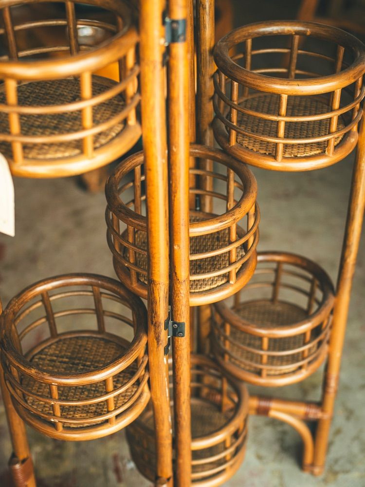 ラタンフラワースタンド3連花台 エスニック 籐 昭和レトロ 開閉式