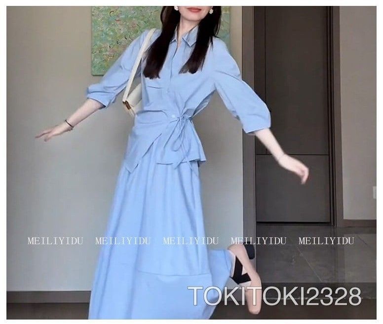 MLYD/オーダー 大きいサイズ 通勤向け 上品 リボンシャツ ブルー スカート レディース フォーマル シーン向け 高級感 セットアップ MLYD/オーダー 大きいサイズ 通勤向け 上品 リボンシャツ ブルー スカート レディース フォーマル シーン向け 高級感 セットアップ