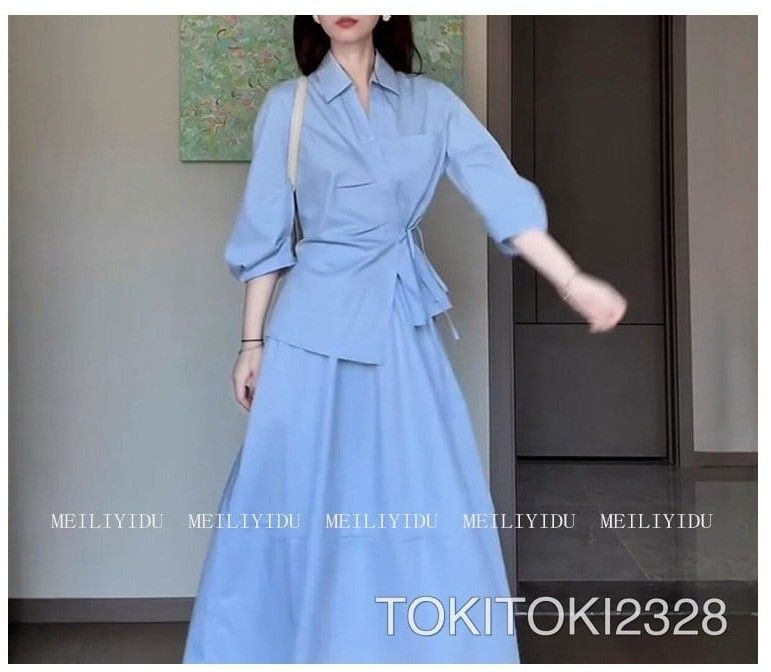 MLYD/オーダー 大きいサイズ 通勤向け 上品 リボンシャツ ブルー スカート レディース フォーマル シーン向け 高級感 セットアップ MLYD/オーダー 大きいサイズ 通勤向け 上品 リボンシャツ ブルー スカート レディース フォーマル シーン向け 高級感 セットアップ