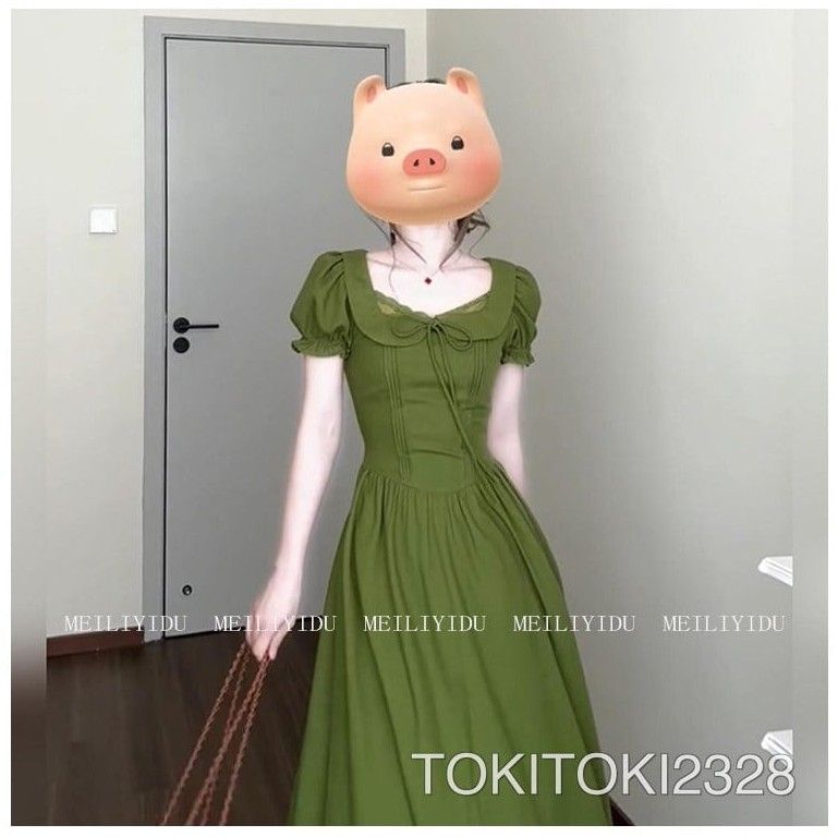 MLYD/オーダー 大きいサイズ フランス風 レトロ グリーン パフスリーブ ワンピース やさしい雰囲気 上品 ウエストマーク エレガントロングドレス
