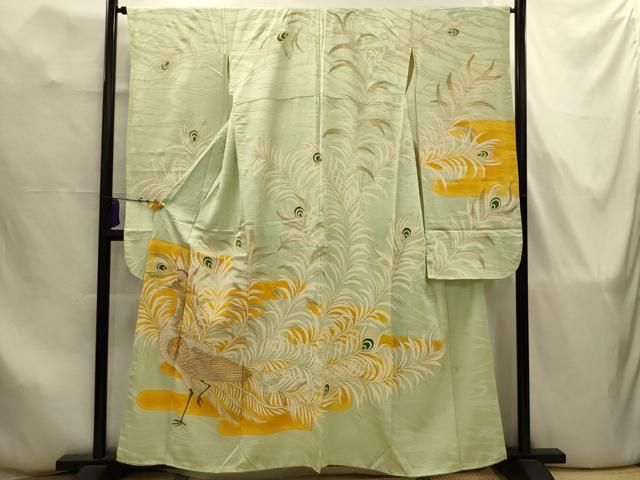 平和屋着物□豪華振袖 手描き 駒刺繍 孔雀文 金彩 正絹 逸品