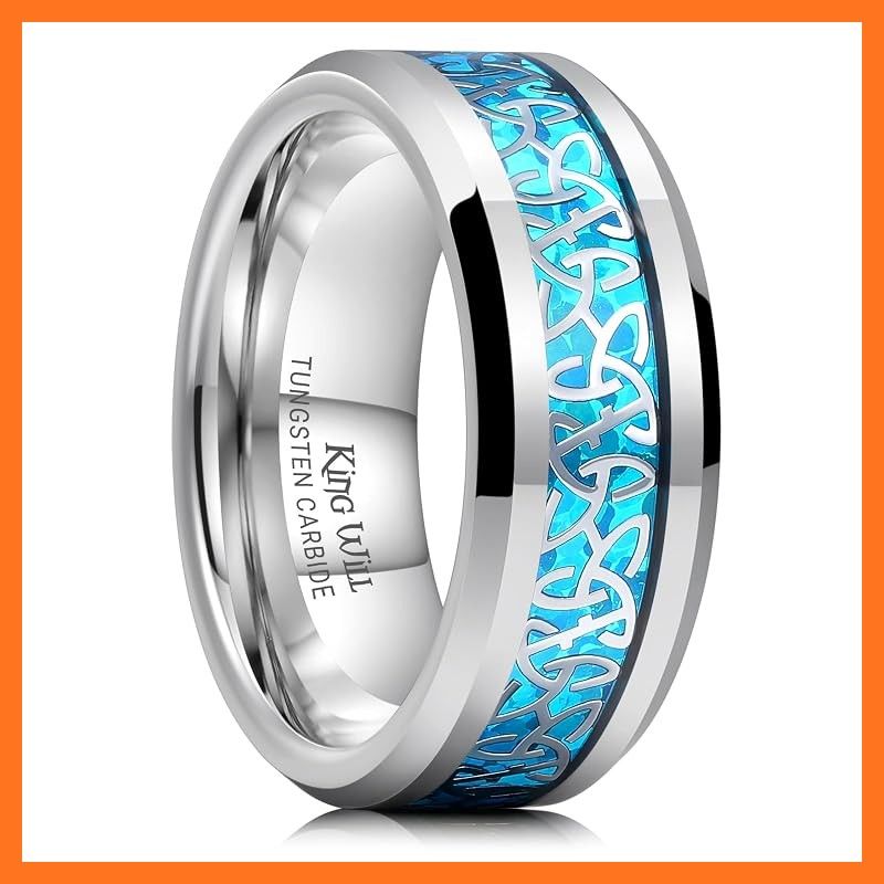 【新品】 [King Will] メンズ ケルトリング 8mm シルバー タングステンカーバイド製 結婚指輪 ブルーオパールインレイ クラダリング コンフォートフィット 16