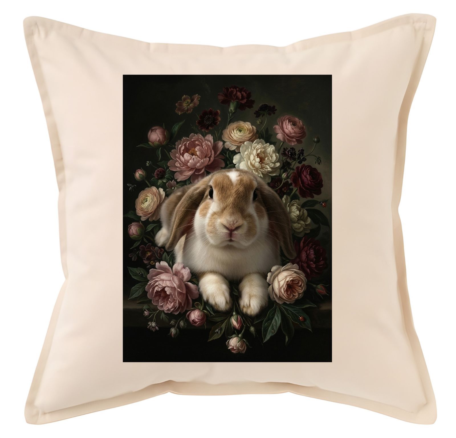 うさぎ（フレンチロップ）クッション 45cm 花の油絵風アート