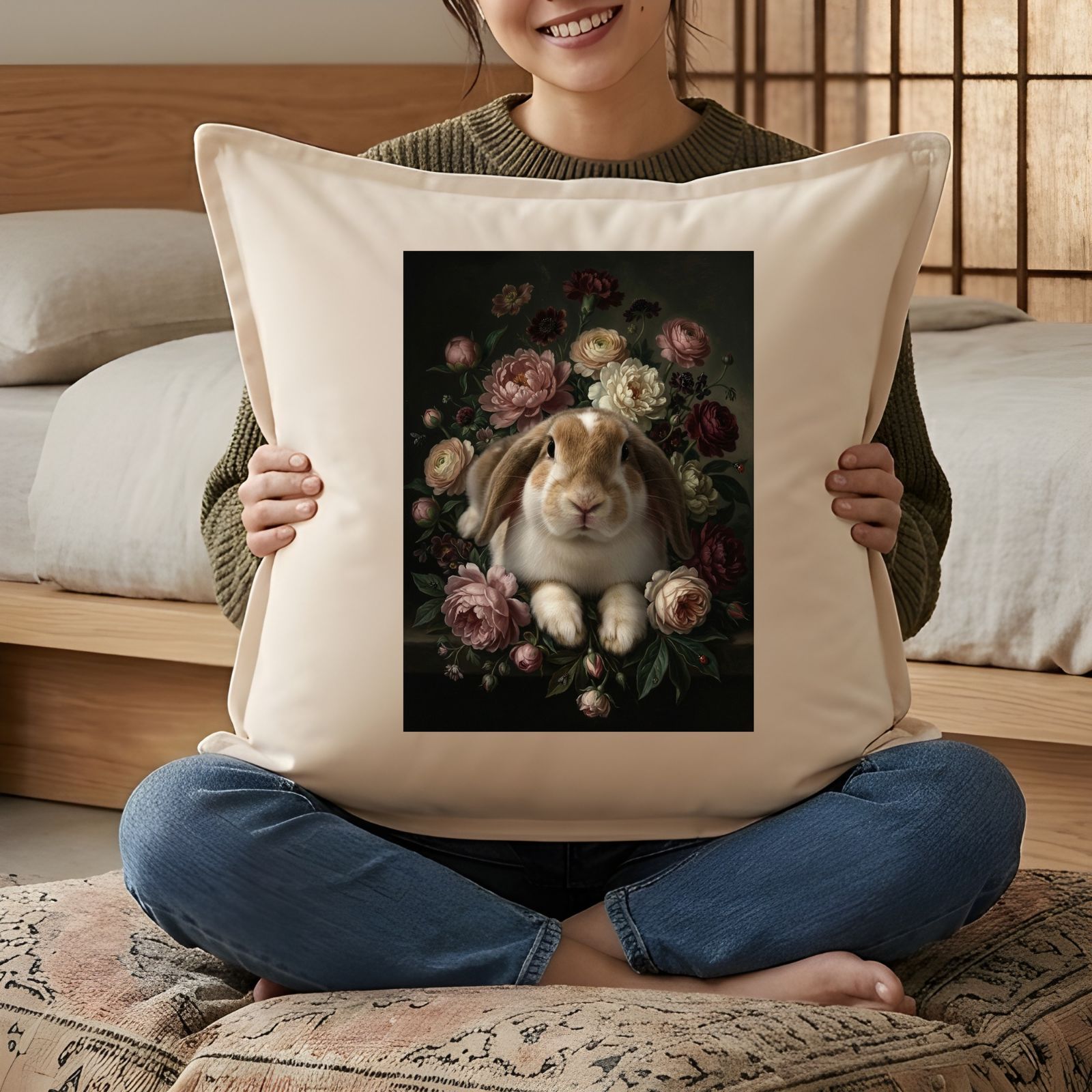 うさぎ（フレンチロップ）クッション 45cm 花の油絵風アート