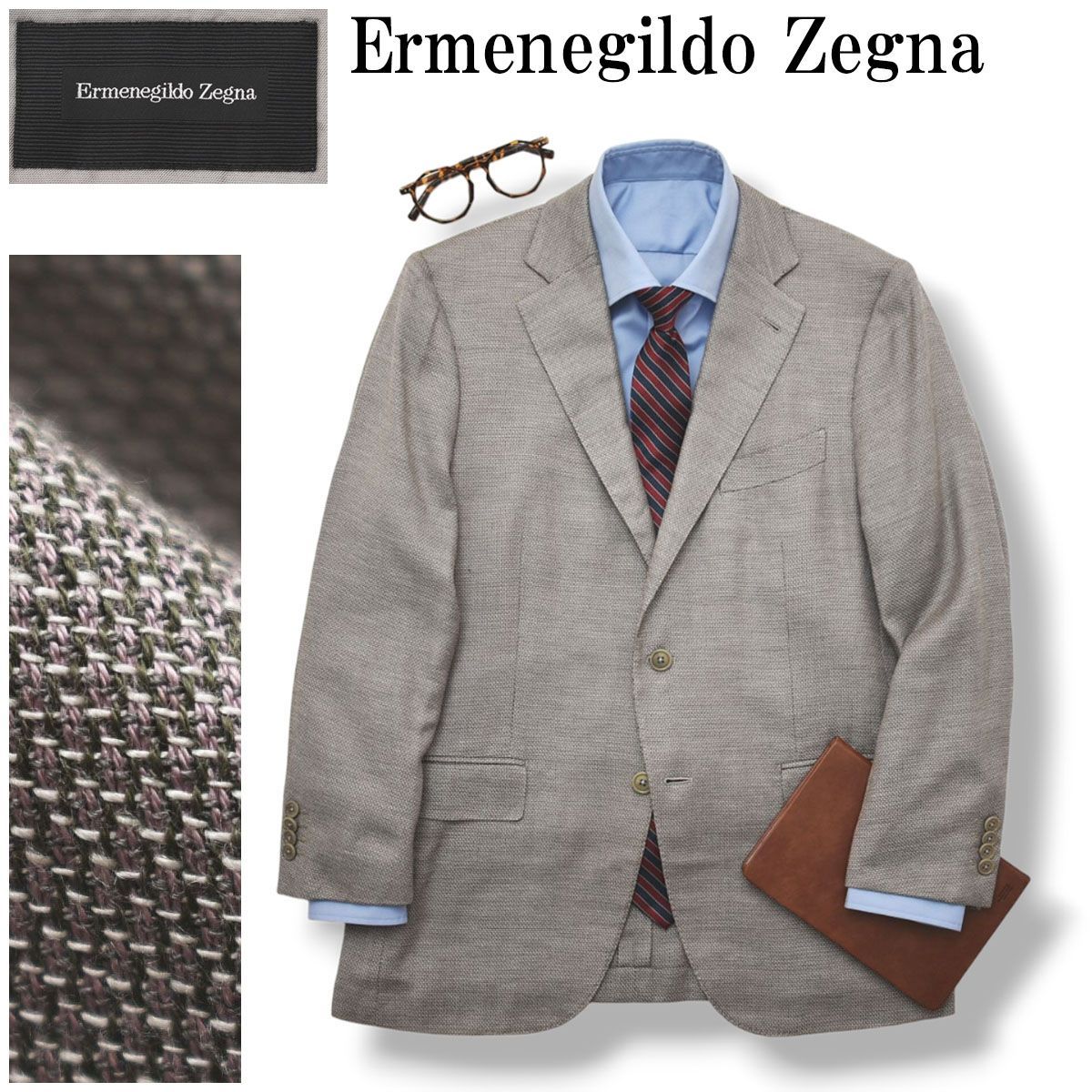 イタリア製 エルメネジルド ゼニア Ermenegildo Zegna 三者混 コットン レーヨン カシミヤ ホップサック生地 シングル 2B テーラードジャケット 春夏 7-50 C グレージュ メンズ