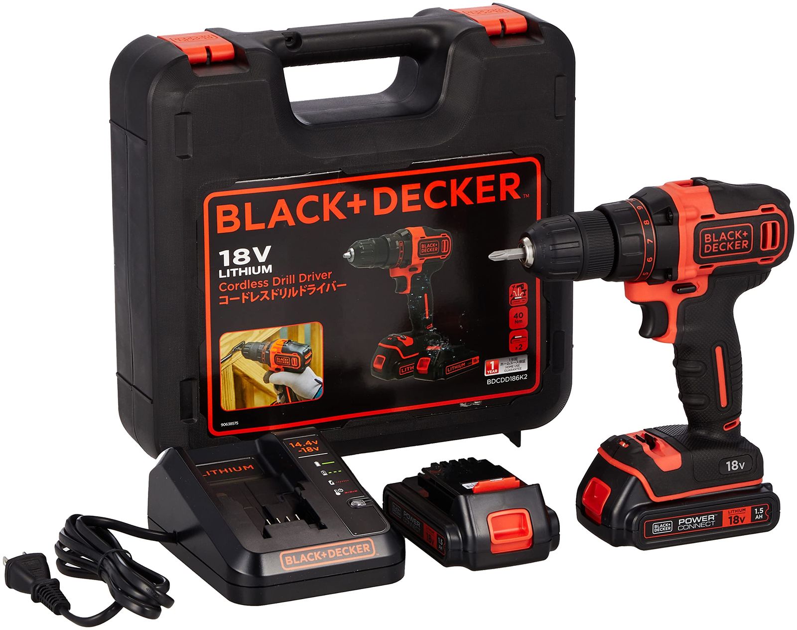 ブラックアンドデッカー(BLACK+DECKER) コードレス ドリルドライバー DIY 電動工具 穴あけ 締付工具 18V リチウム 電池 2個付き BDCDD186K2pms