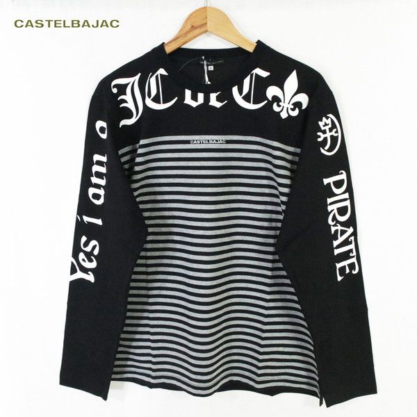 65%OFF 訳あり 新品 カステルバジャック CASTELBAJAC トップス 50 MCS1382 LLサイズ ブラック メンズ 長袖Tシャツ ロンT ボーダー柄 クルーネック 日本製
