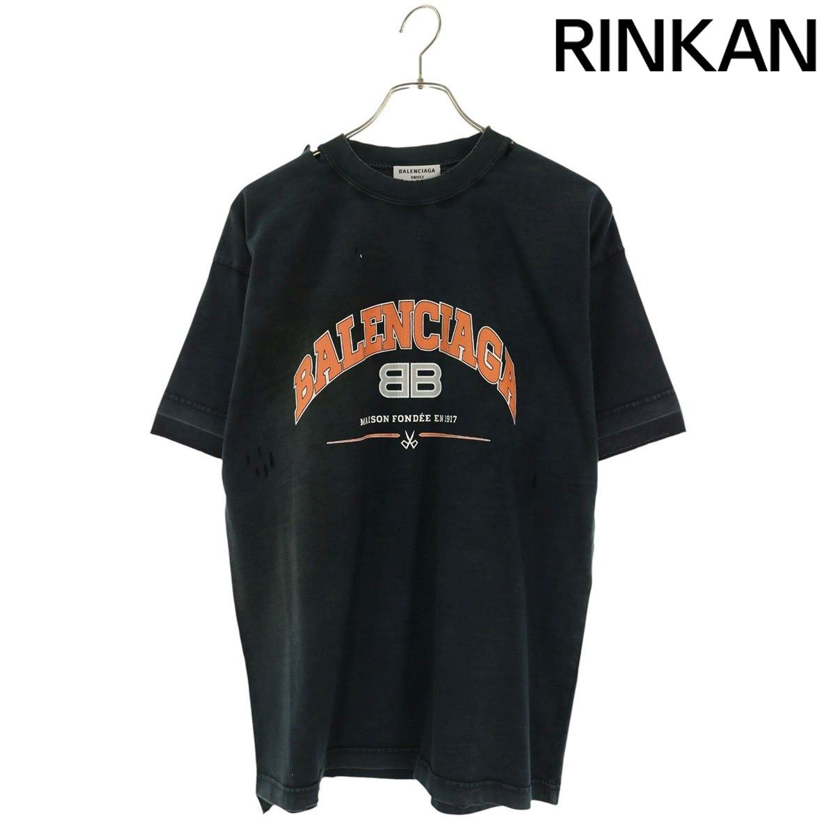 バレンシアガ 612965 TLVJ1 ダメージ加工ロゴプリントTシャツ メンズ M