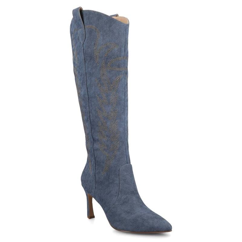 ジャーニー レディース シューズ ブーツ・レインブーツ 刺繍 Journee Laramie Womenstiletto KneeHigh Embroidered Boots Denim デニム