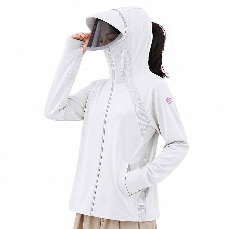【新品】 [Lwans] ラッシュガード レディース 【革新的PCM冷感素材・ひんやり長続き】 UVカットパーカー 長袖 UVカット99.9％ UPF50+ 日焼け止めパーカー 接触冷感 サンバイザー付き フェイスカバー ポニーテール付き 吸汗速乾 男女兼用