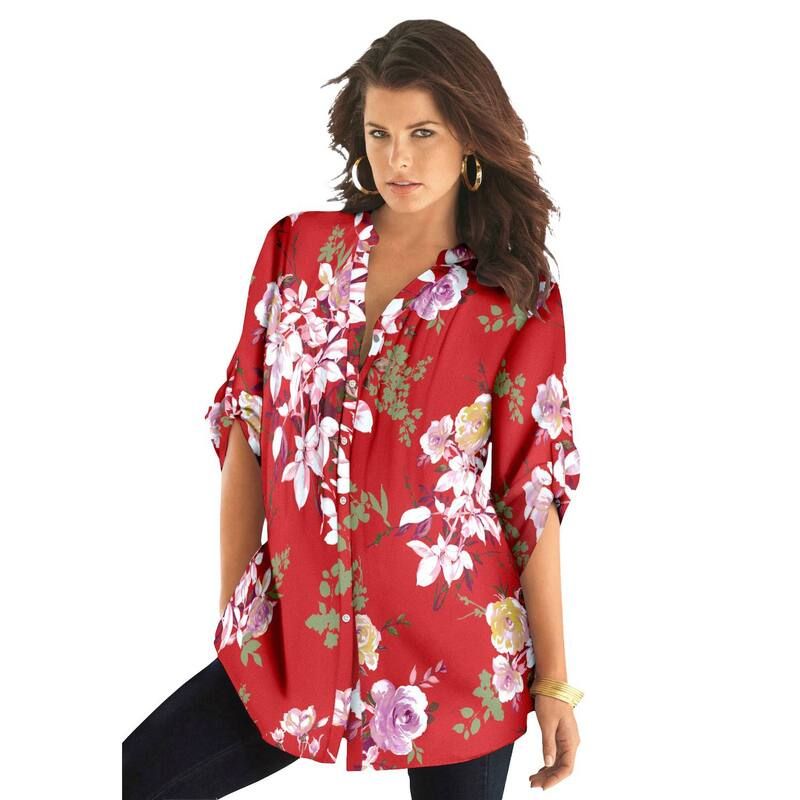 ロアマンズ レディース トップス Tシャツ フラワー柄 プラスサイズ フラワー Roamans Womens Plusize Floral YNeck Pintuck Tunic Adjustable