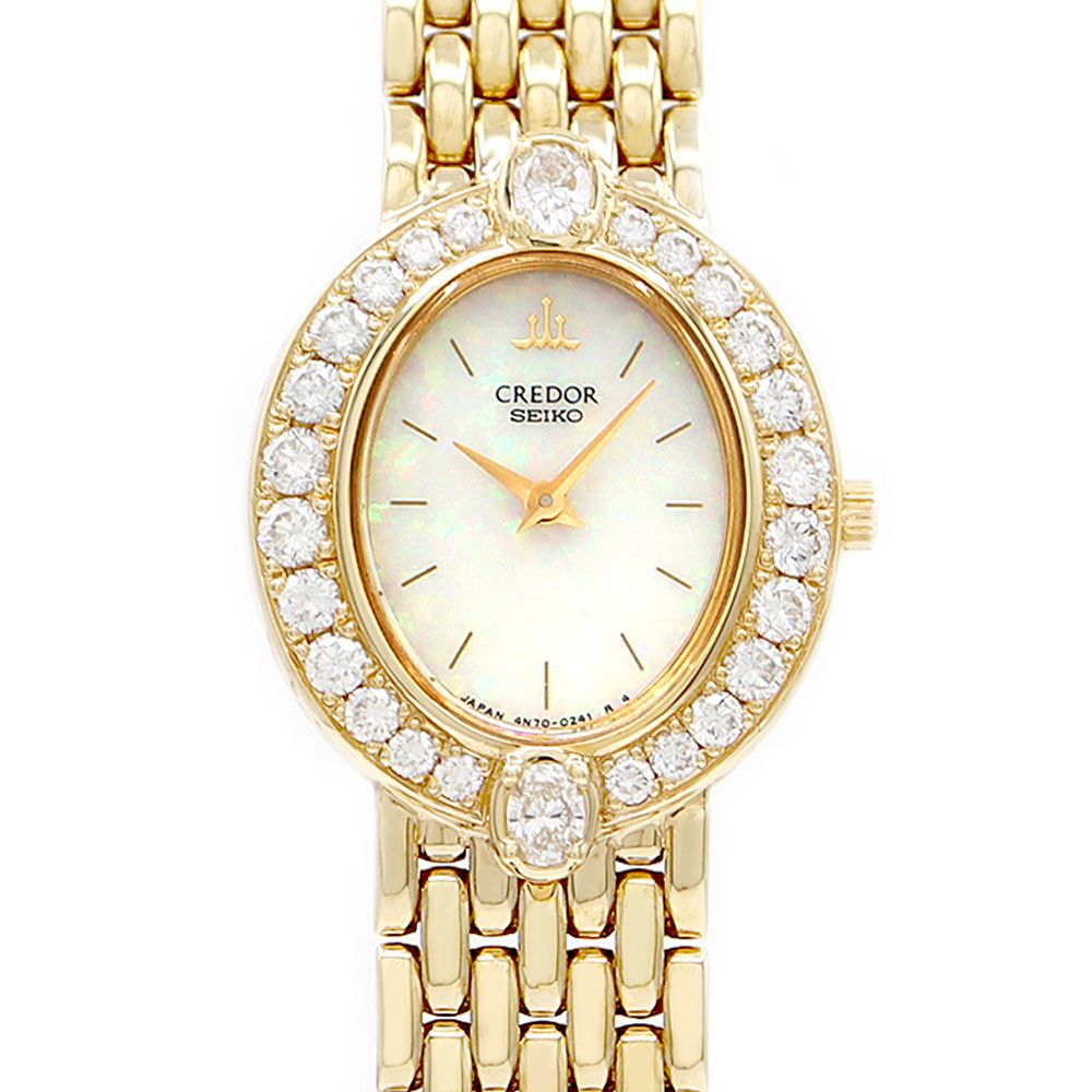 電池交換済 SEIKO セイコー クレドール オーバル ダイヤベゼル リューズダイヤ 4N70-5032 ダイヤモンド オパール K18YG イエローゴールド 金無垢 レディース クォーツ【6ヶ月保証】【腕時計】【中古】