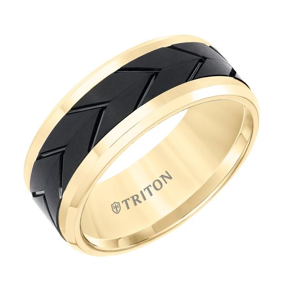 トリトン レディース アクセサリー 指輪 Triton 9MM Tungsten Carbide Ring with Black Tire Tread Center and Bevel Edge Bl