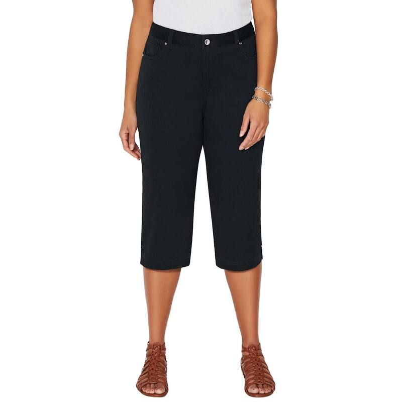 キャサリンズ レディース ボトムス カジュアルパンツ プラスサイズ Tシャツ キャップ Catherines Womens Plusize Sateen Stretch Capri Black ブラッ