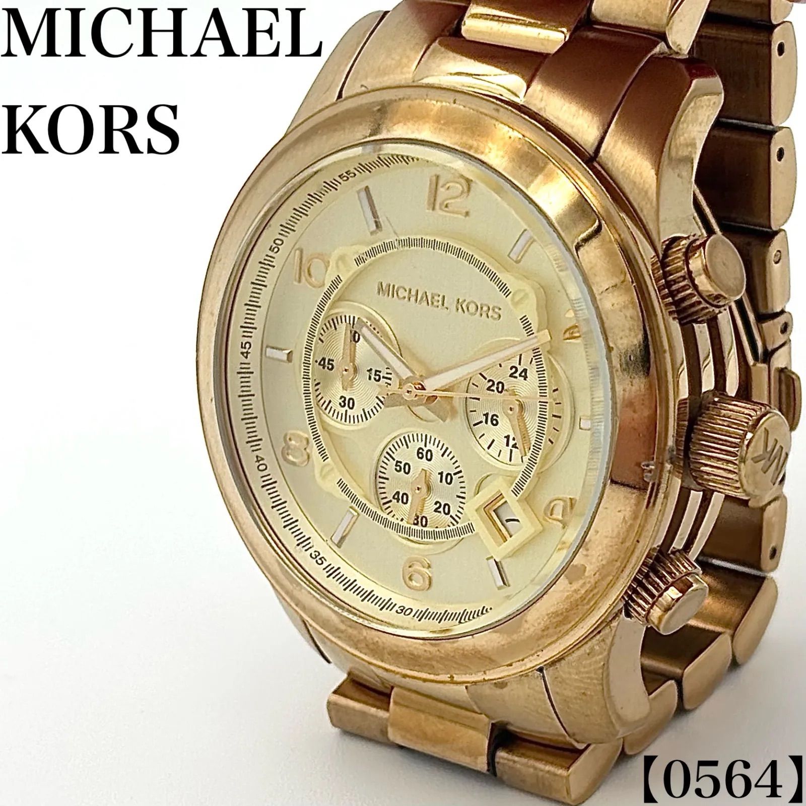 稼働品 Working item マイケルコース MICHAEL KORS 腕時計 メンズ Men\'s クォーツ Quartz MK8077 クロノグラフ デイト シャンパンゴールド 金 高級感 重厚感 ランウェイ 特徴的 デザイン 0564