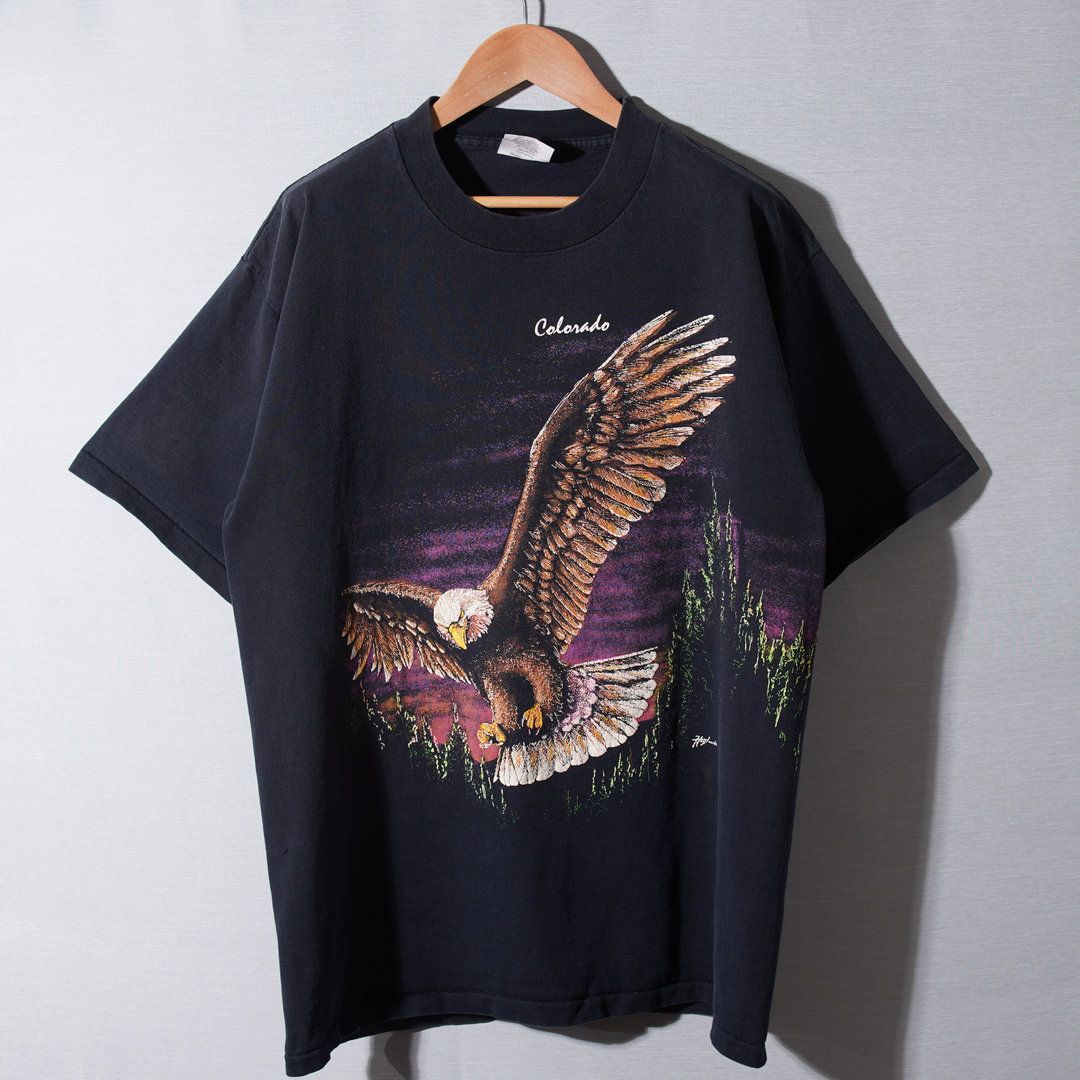 90s USA製 ヴィンテージ イーグル Tシャツ L ブラック アニマル