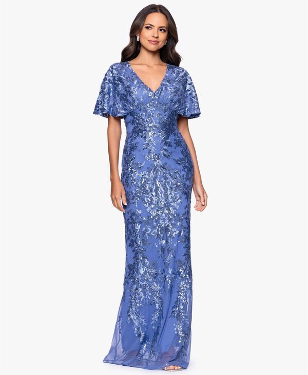 ベッツィアンドアダム レディース トップス ワンピースパンコール Betsy Adam Womensequin Detail FlutterSleeve Gown Periwinkle