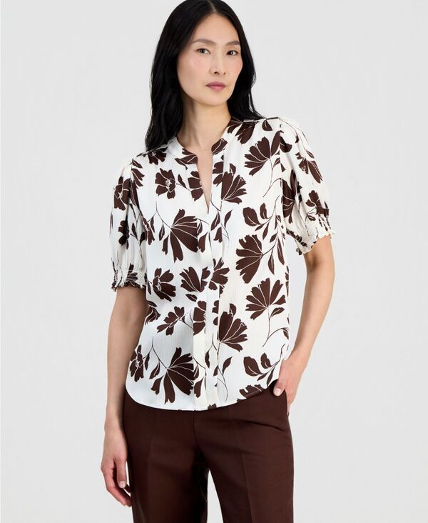 アンクライン レディース トップス シャツ プリント パフスリーブラウス Anne Klein Womens Printed PuffSleeve Blouse White Dove Dark Cho