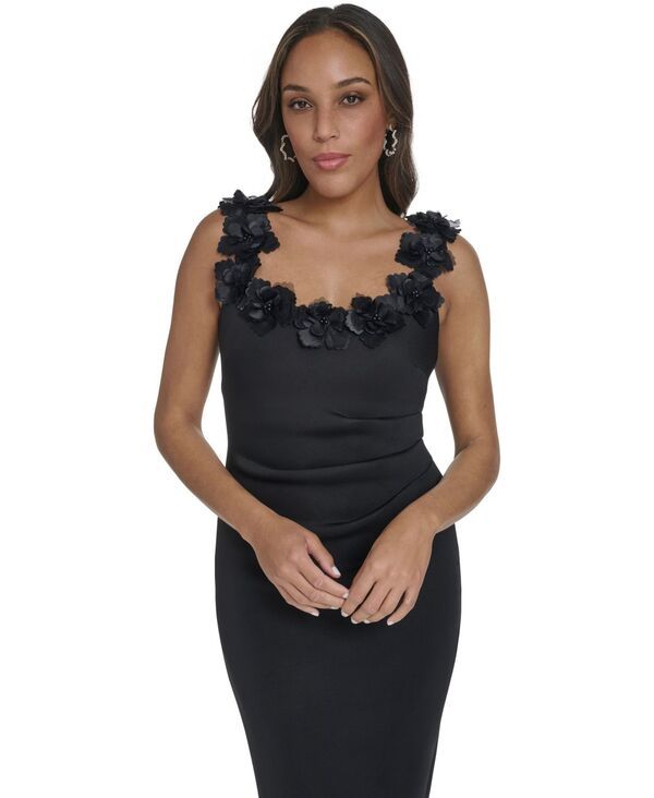 エリザジェイ レディース トップス ワンピース フラワー柄 フラワー Eliza J Womenscoop Neck Floral Applique Cocktail Dress Black ブラック
