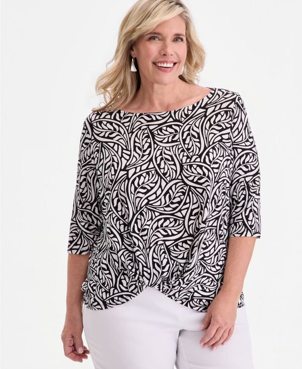 ジェイエムコレクション レディース トップス シャツ プリント JM Collection Womens Printed BoatNeck TwistFrontop Bright White ホワイト
