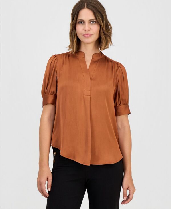 アンクライン レディース トップス シャツ Anne Klein WomensplitNeck PuffedSleeve Top Cedar Spice