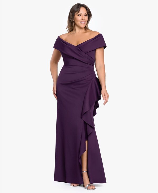 エスケープ レディース トップス ワンピース フリル XSCAPE Womensweetheart Neck Side Ruffle OffTheShoulder Long Dress Plum プラ