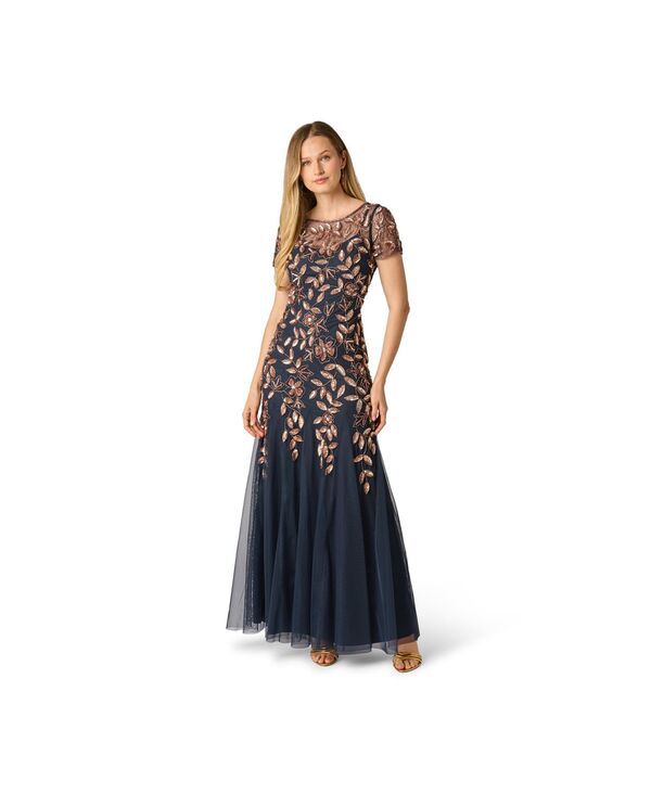 アドリアナ パペル レディース トップス ワンピース フラワー柄 プチ フラワー Adrianna Papell Petite Floral Beaded Gow nAVYROSE GOLD ネイビー