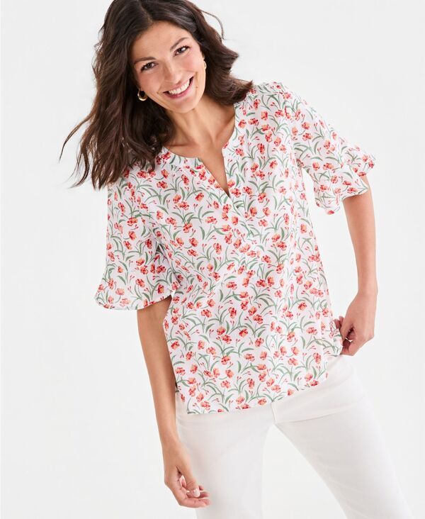スタイルアンドコー レディース トップス シャツ プリント コットン Style Co Womens Printed Cotton SplitNeck Popover Top Orange Flowe