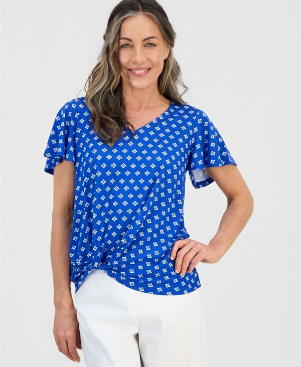 ジェイエムコレクション レディース トップス シャツ Vネック プリント JM Collection Womens Printed Short Sleeve VNeck TwistFrontop De