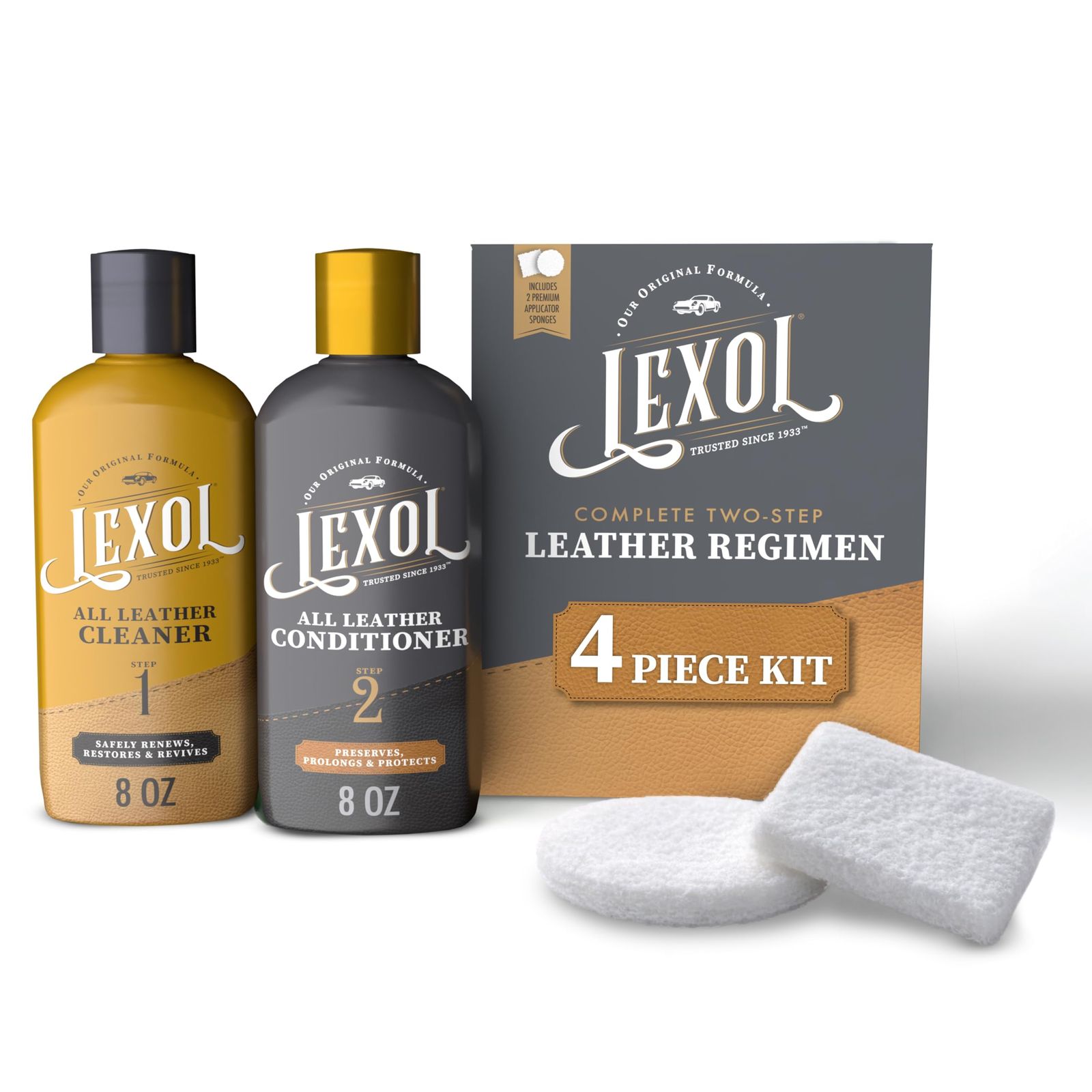 Lexol (レクソル) コンディショナークリーナーキット カーレザー 家具 靴 バッグ アクセサリーに使用 素早く簡単なステップレジメン 8オンスボトル 2つの塗布スポンジ付き