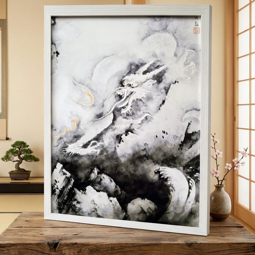 横山大観 龍興而致雲 A4 額付き 複製画 龍神 昇り龍 水墨画 日本画