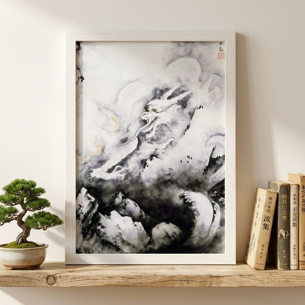 横山大観　高級複製画 横山大観 龍興而致雲 A4 額付き 複製画 龍神 昇り龍 水墨画 日本画
