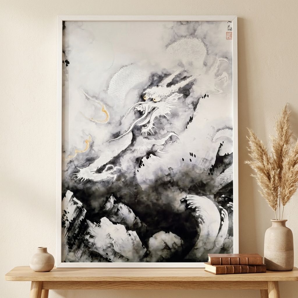 横山大観 龍興而致雲 A4 額付き 複製画 龍神 昇り龍 水墨画 日本画