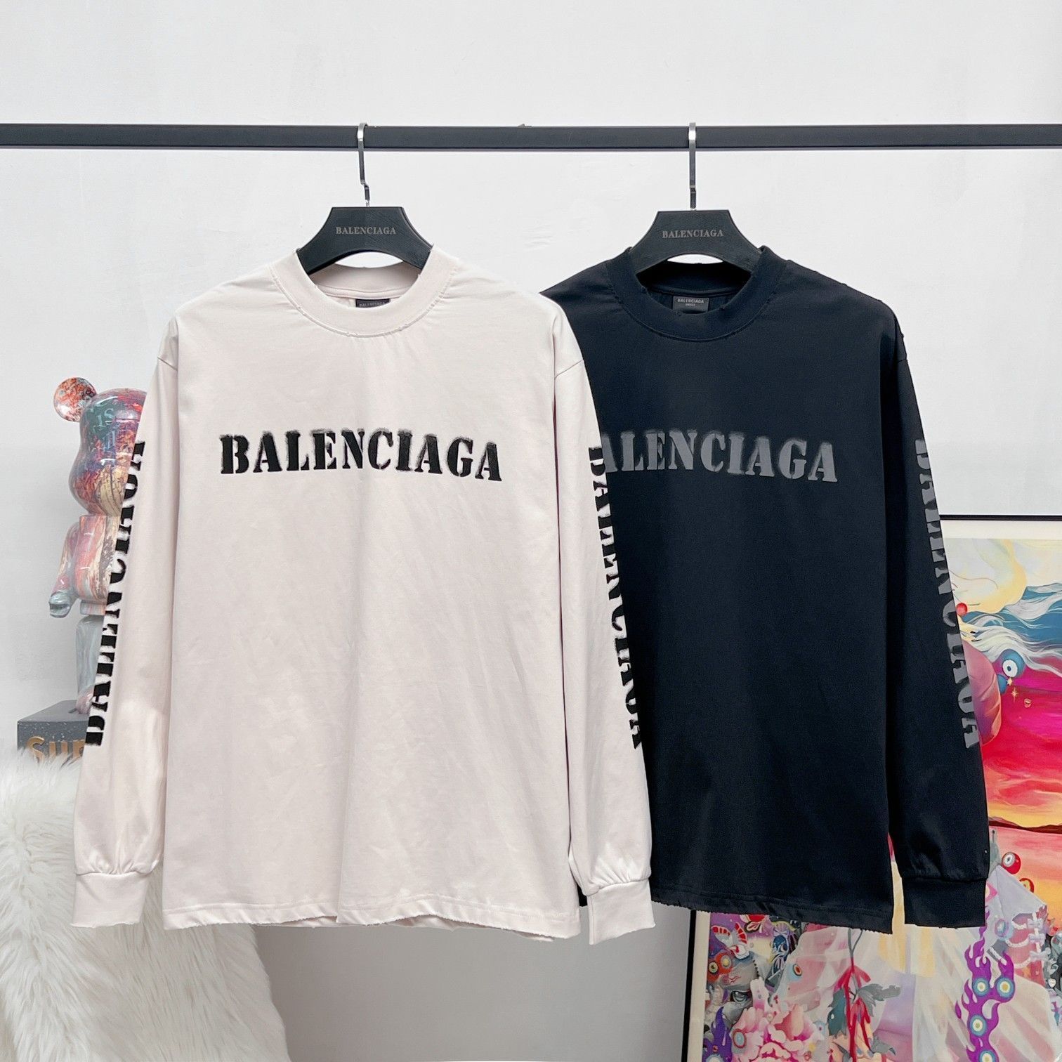 【本日限定特価】BALENCIAGA メンズ＆レディース ロングスリーブ Tシャツ グラデーション プリント グレーブルー/グレーベージュ XS-L [本日特価|新品未使用品]