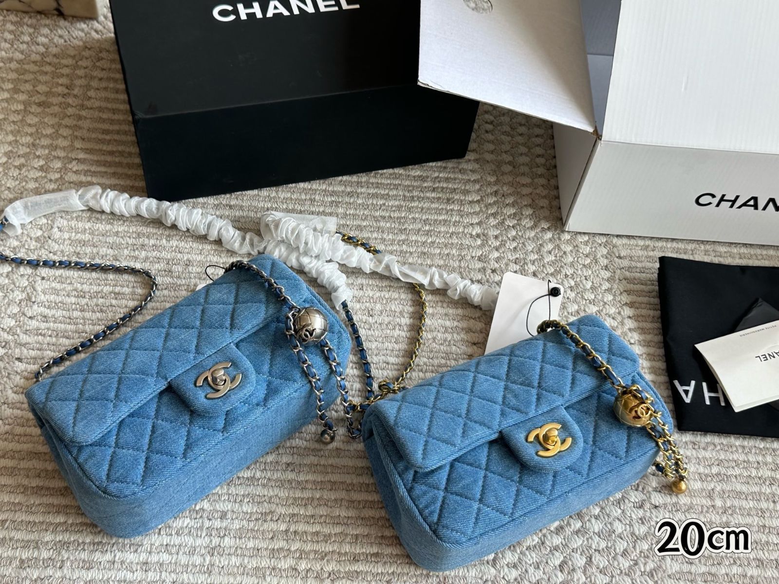 【今日特価】Chanel デニム ゴールドボール クラシックフラップ 20cm