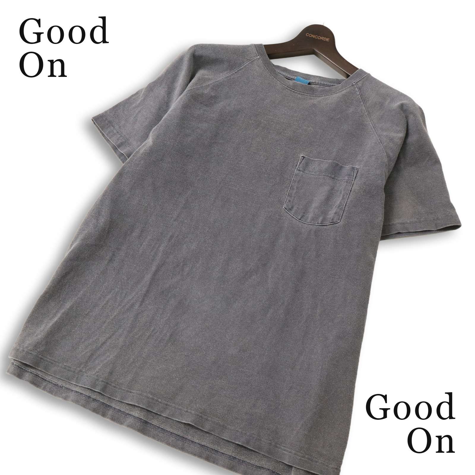 Good On グッドオン 春夏 半袖 USAコットン ウォッシュ加工 ラグラン ポケット Tシャツ カットソー Sz.L メンズ 灰 日本製