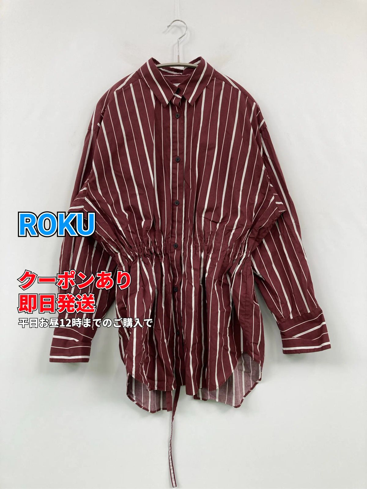 ROKU シャツ/ブラウス パープル コットン ストライプ柄 リボン ロング丈 長袖 レギュラーカラー レディース