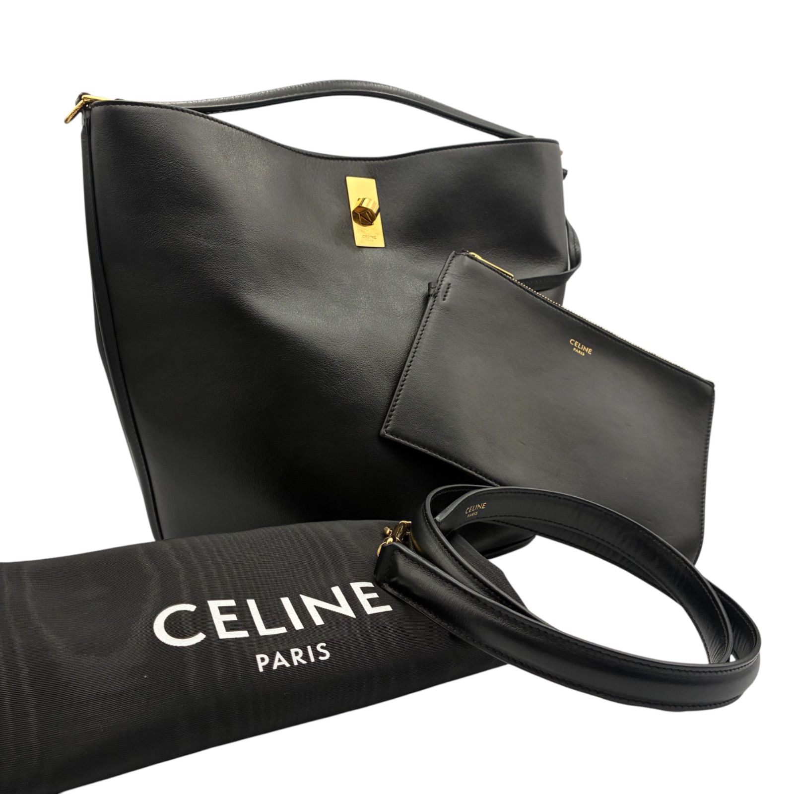 セリーヌ CELINE バケット セーズ 16 スムースカーフ ハンドバッグ ショルダーバッグ 2WAY 斜め掛け可能 ポーチ付き ブラック 黒 保存袋付き