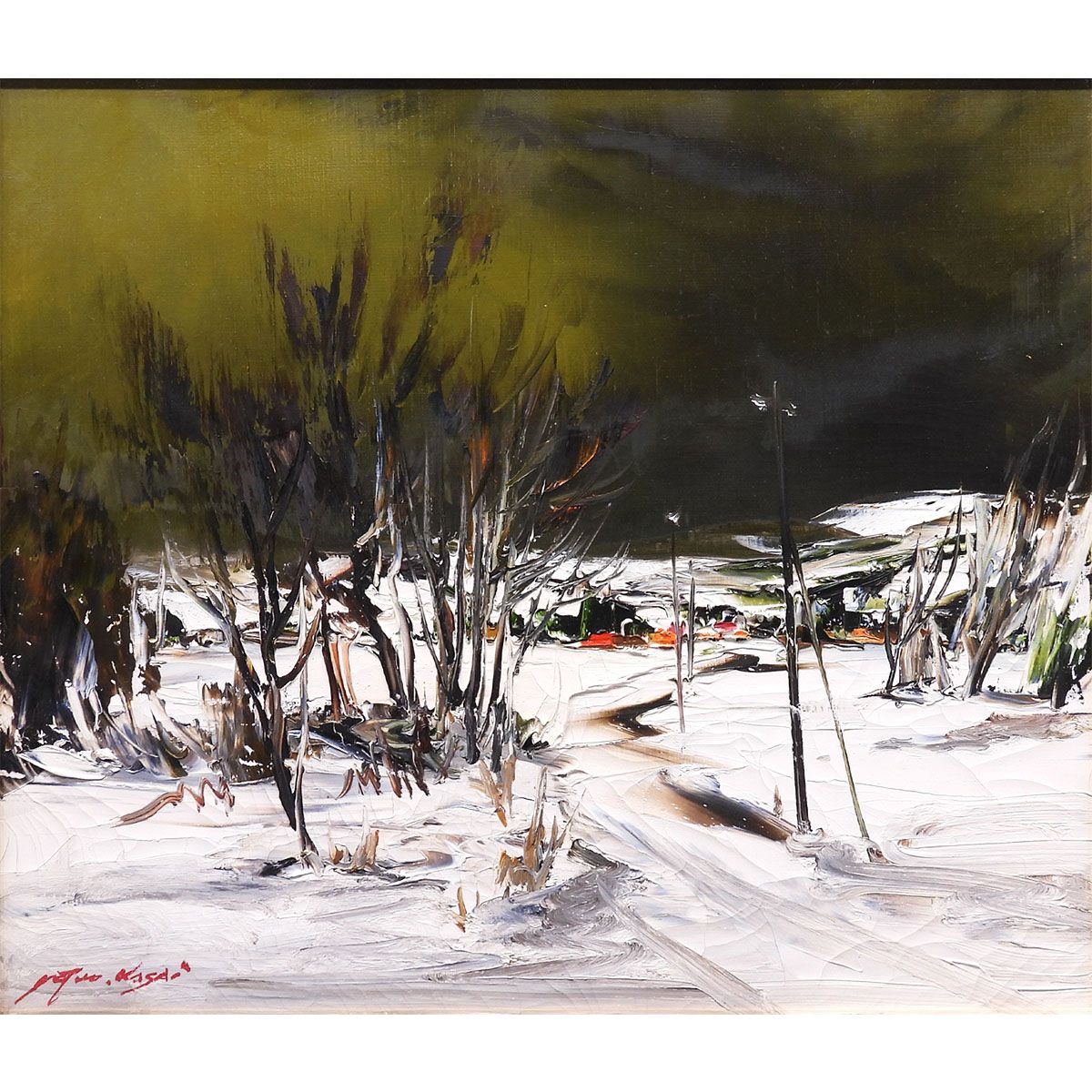 葛西四雄 田園 油彩10号 風景画 雪景 重厚 油絵 油画 作品 原画 絵画