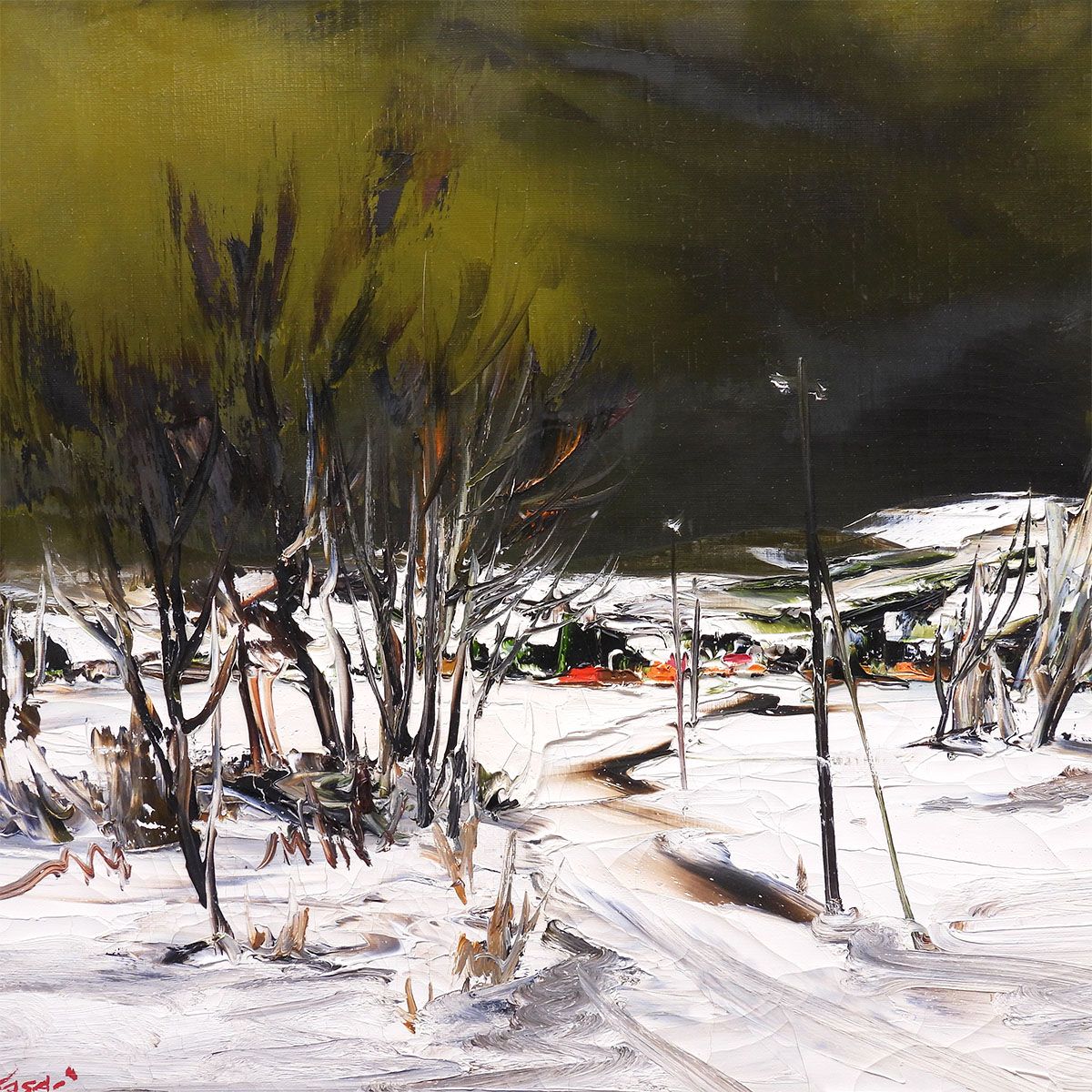 葛西四雄 田園 油彩10号 風景画 雪景 重厚 油絵 油画 作品 原画 絵画