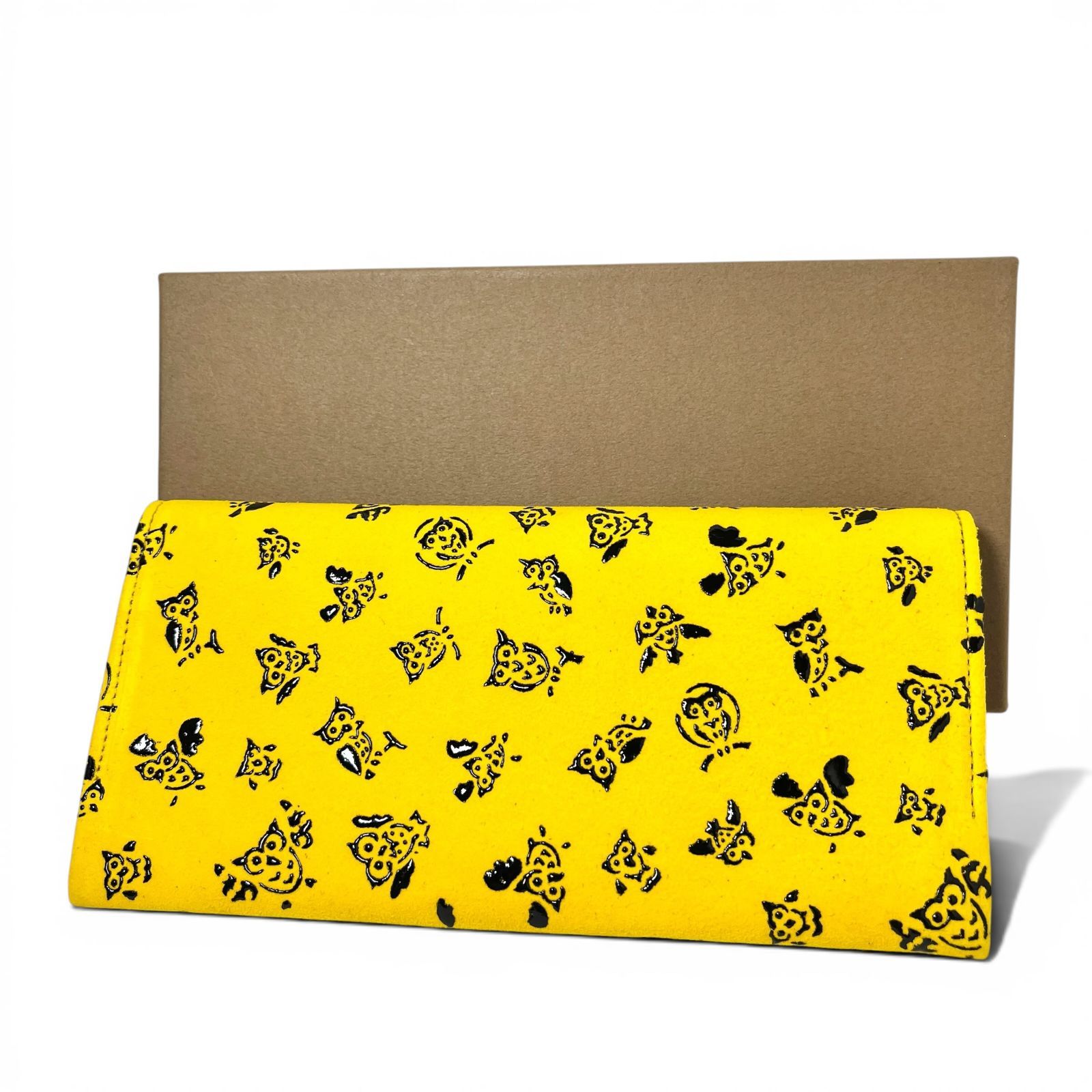 印傳の山本 ふくろう 長財布 イエロー 印伝 鹿革 かわいい 財布 金運
