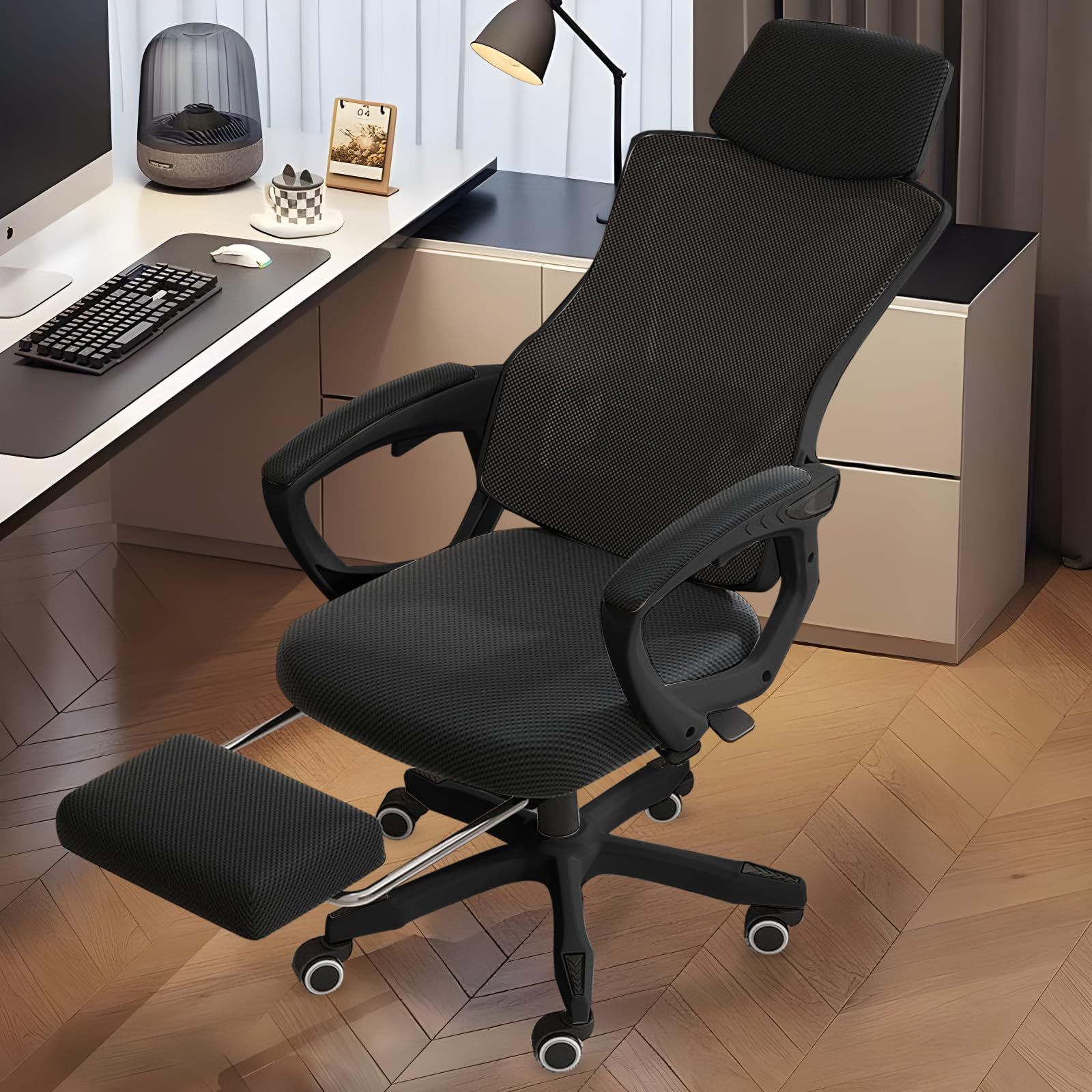 ★新品★JPBSTO デスクチェア オフィスチェア 人間工学 PCチェア 回転椅子 いす パソコンチェア 360度回転 腰に良い 通気性 高さ調節 ゲーミングチェア フットレスト付き 事務椅子 在宅勤務 くろい