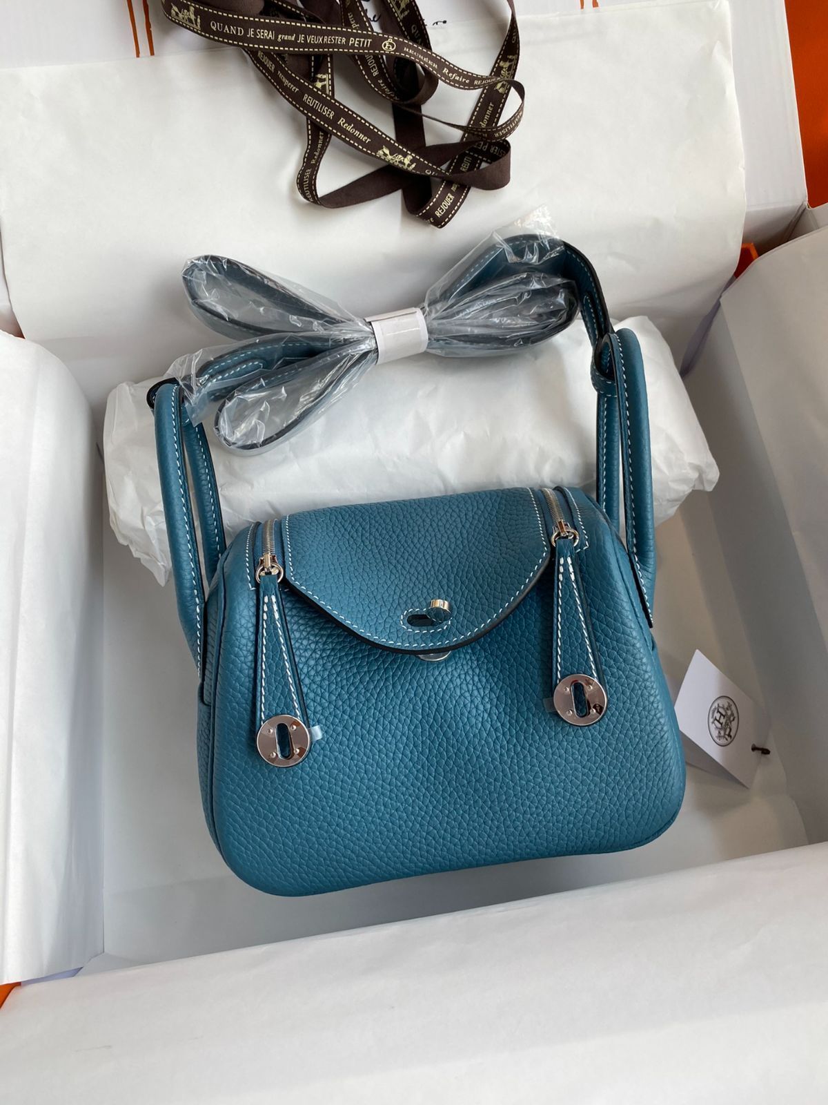 エルメス mini lindy デニム ブルー シルバー バックル レディース クロスボディ バッグ
